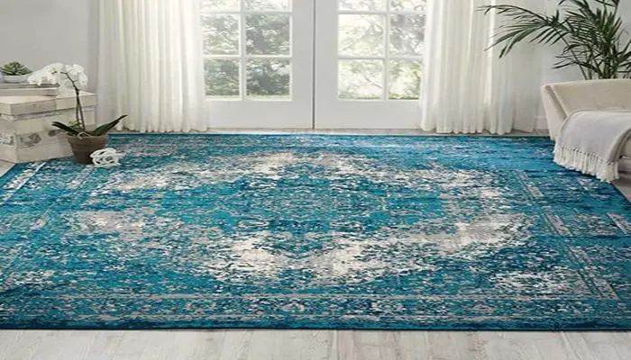 فرش آبی با مبل کرم